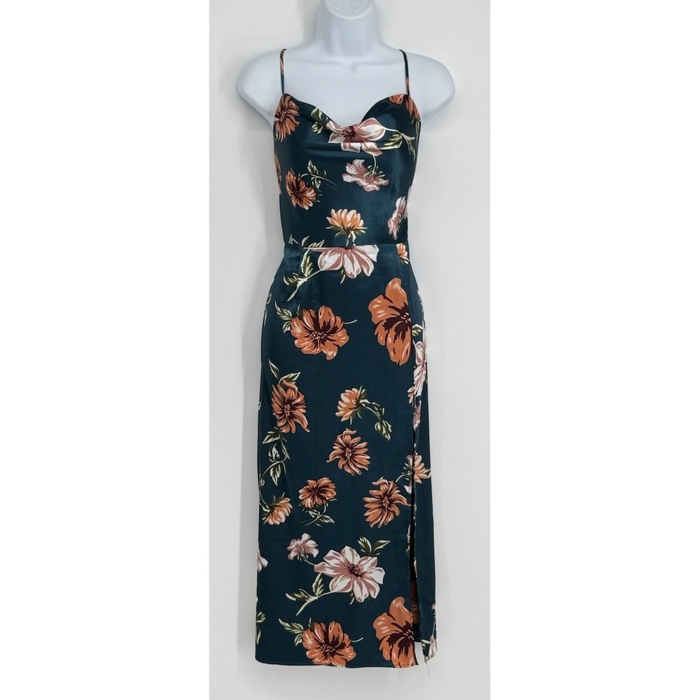 Women L Midi Slip Dress Satin Floral Resort Garden Party